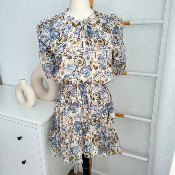 Misa Las Angles Kayla Mini Dress Sketched Floral Smocked Tie Neck - Picture 5 of 16